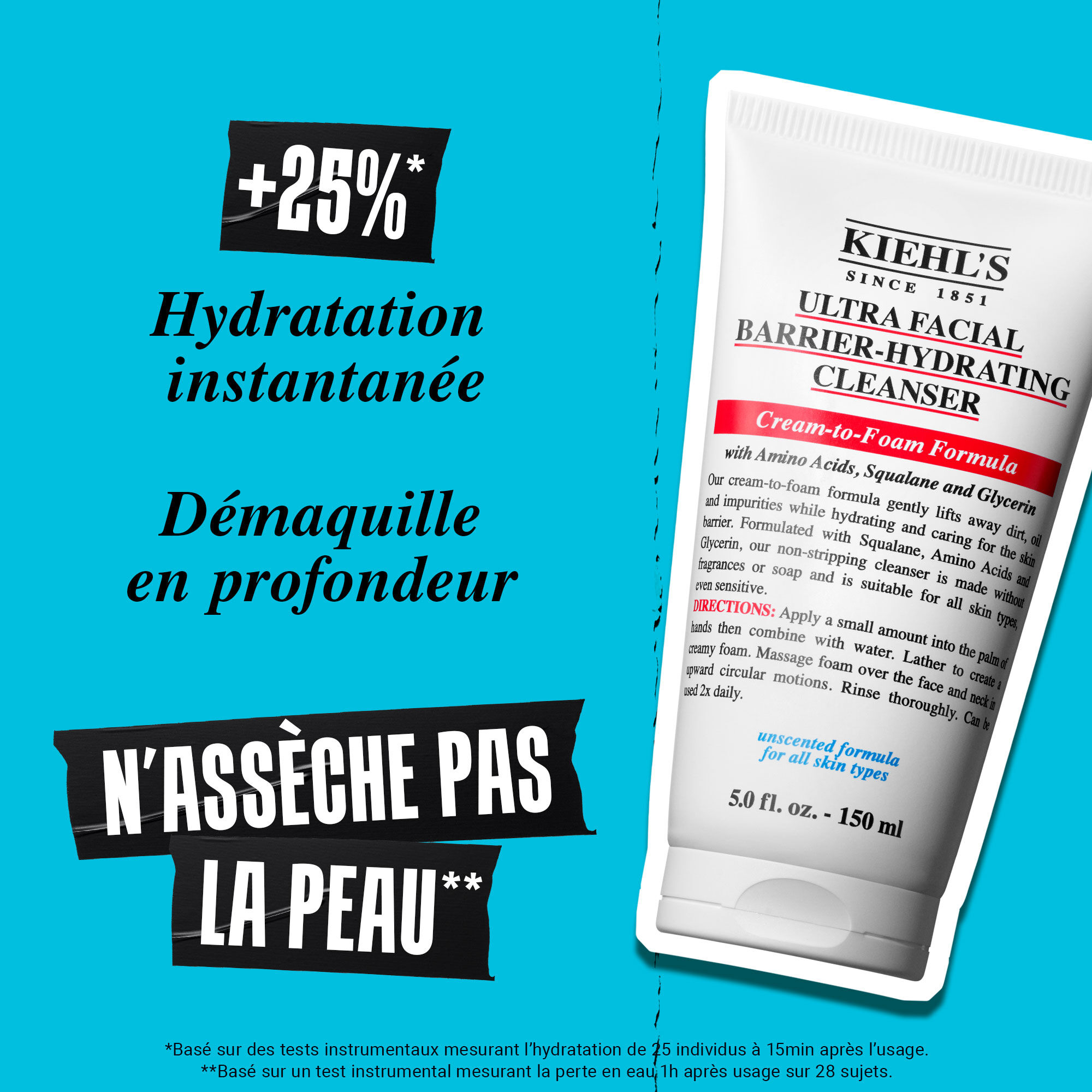Tube de nettoyant Kiehl’s Ultra Facial Barrier-Hydrating Cleanser sur fond bleu. Texte : "+25% hydratation instantanee, demaquille en profondeur, n'asseche pas la peau". Notes sur l’efficacite en bas de l’image.