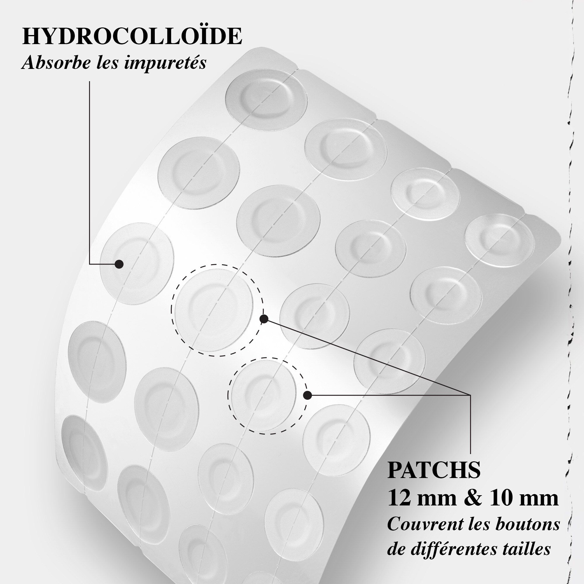 A sheet of hydrocolloid patches in 12mm and 10mm sizes to absorb oil and cover blemishes of different sizes.