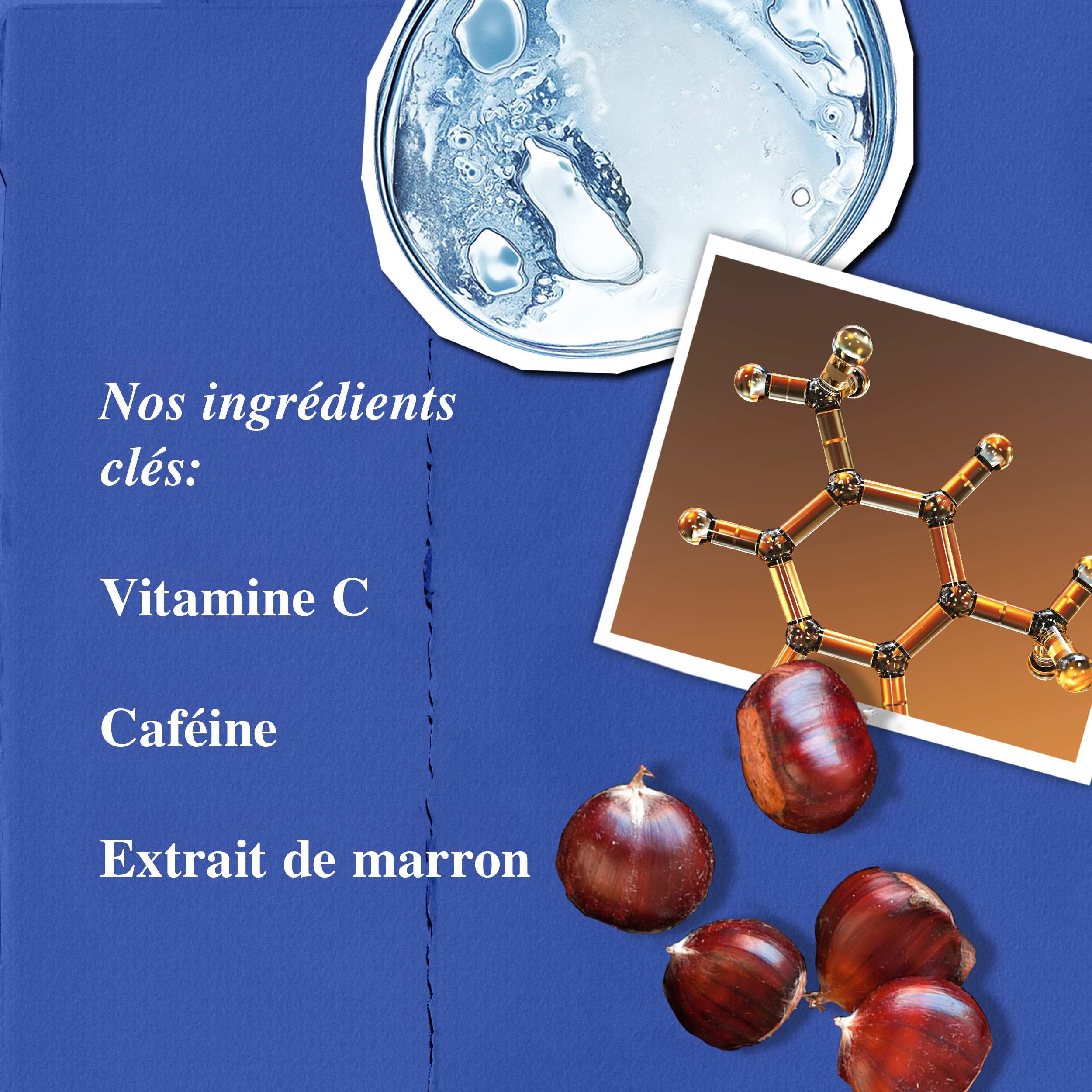 Ingredients du Soin Hydratant Energisant Facial Fuel pour homme - Vitamine C, Cafeine, Extrait de Marron