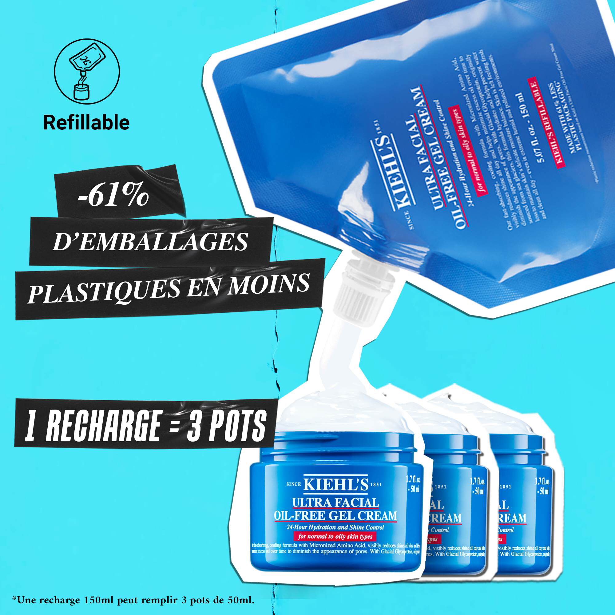 Recharge de gel-creme Ultra Facial Oil-Free Gel Cream avec un texte soulignant 61 % d'emballage plastique en moins.