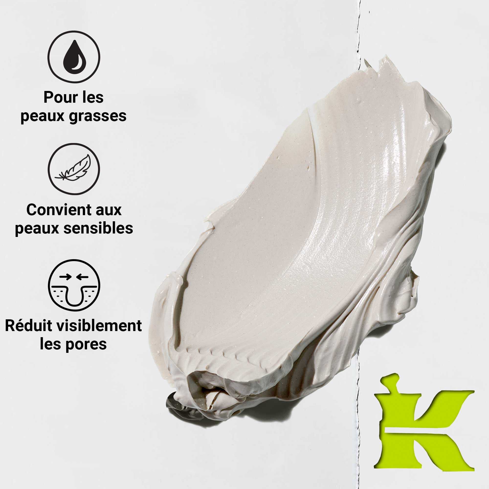 Photo de la texture avec des icones indiquant qu'il reduit les pores, contient des ingredients naturels et convient a tous les types de peau