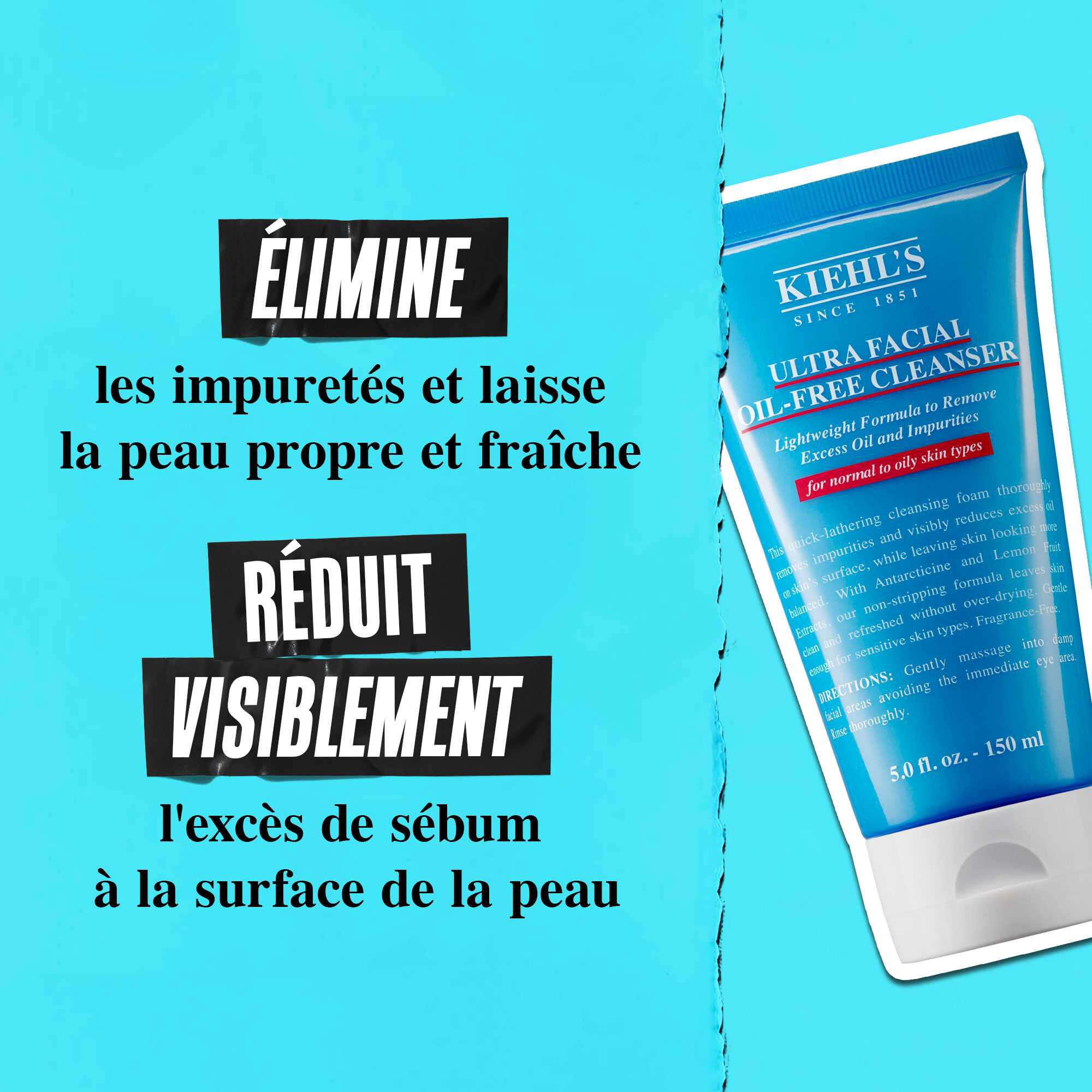 Un tube de Ultra Facial Oil-Free Cleanser sur fond bleu avec le texte : « Elimine le sebum et laisse la peau visiblement debarrassee de l'exces de sebum en surface. »