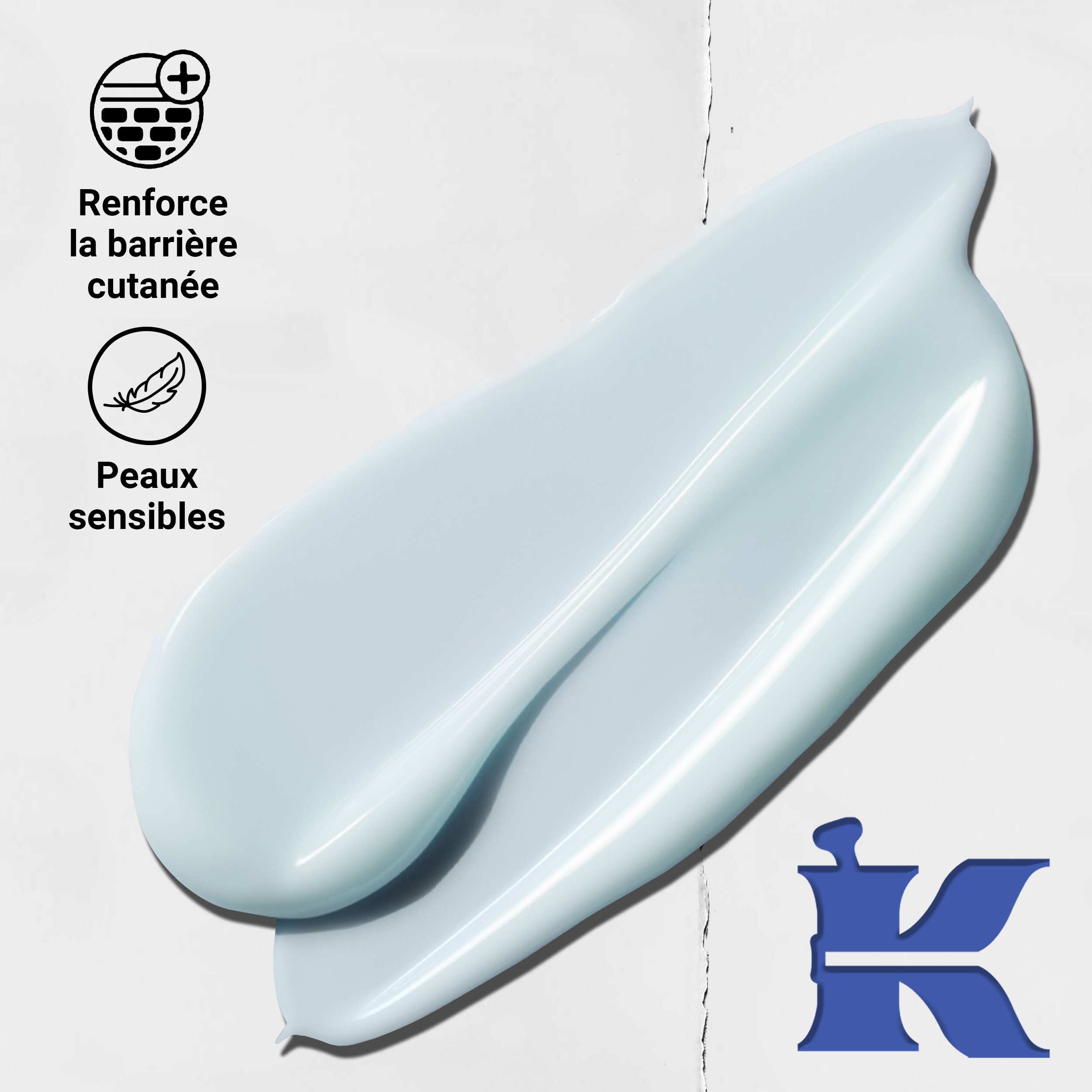 Photo de la texture de Facial Fuel avec des icones indiquant qu'il renforce la barriere cutanee et convient aux peaux sensibles