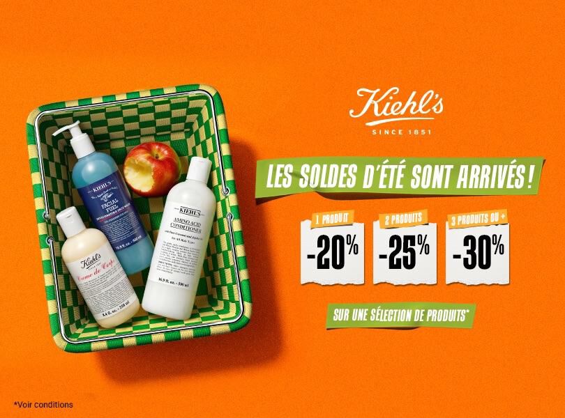 Kiehl's Soldes d'ete : -20% pour 1 produit, -25% pour 2 produits, -30% pour 3 produits ou plus sur une selection, avec Creme de Corps, Facial Fuel et Amino Acid Conditioner dans un panier
