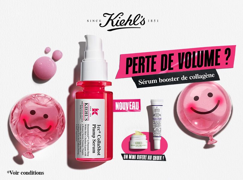 Des produits de soin disposes sur un fond en papier blanc texture. L'element principal est un flacon de serum pour le visage en verre translucide rose vif, dote d'une pompe blanche.