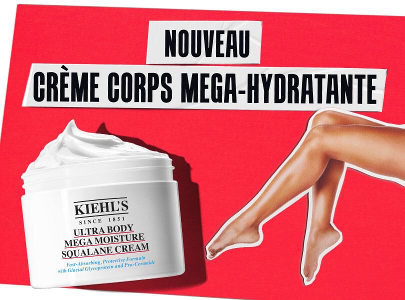 Nouveau : Creme corps ultra hydratante Kiehl’s – Ultra Body Mega Moisture Squalane Cream sur fond rouge avec jambes