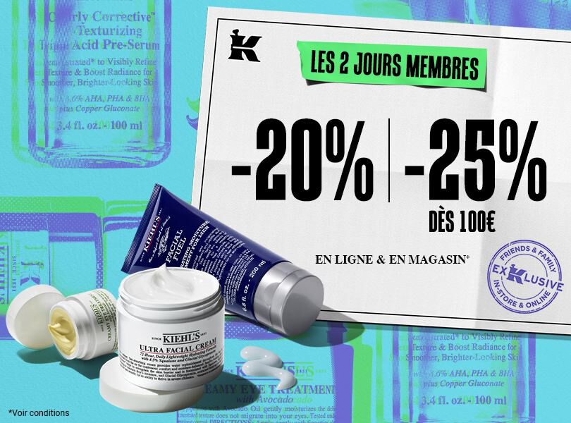 deux pots de creme visage blancs et un tube de creme bleu kiehl's sur un fond bleu