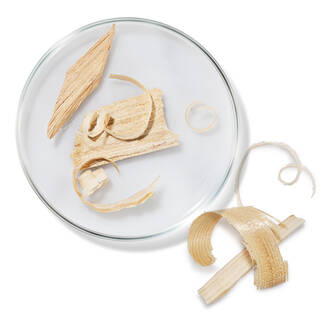 Coupelle en verre avec copeaux de bois naturel, illustrant un extrait de hetre.