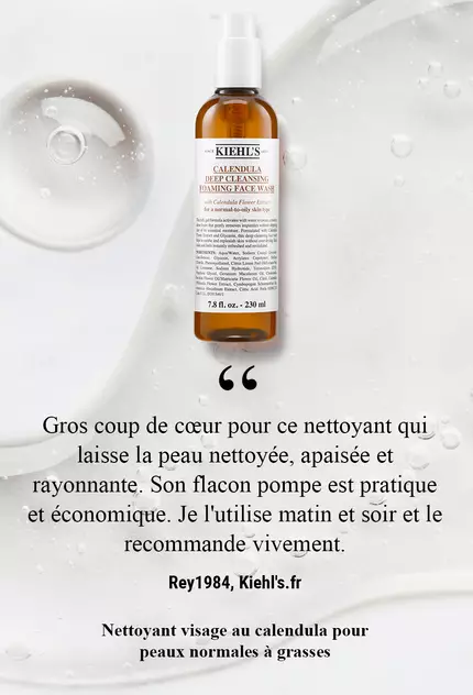 A bottle of Kiehl's Calendula Deep Cleansing Foaming Face Wash on a water-splashed background, featuring text in French that praises the product for leaving skin clean and radiant.
