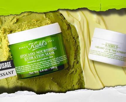 Deux produits de beaute de la marque Kiehl's sont presentes : un masque visage a l'avocat et une creme pour le contour des yeux, sur un fond colore en vert clair.