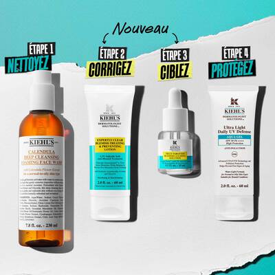 Quatre produits de soins de la peau Kiehl's avec des etiquettes indiquant "Nettoyez", "Corrigez", "Ciblez" et "Protegez", presentes de facon moderne.