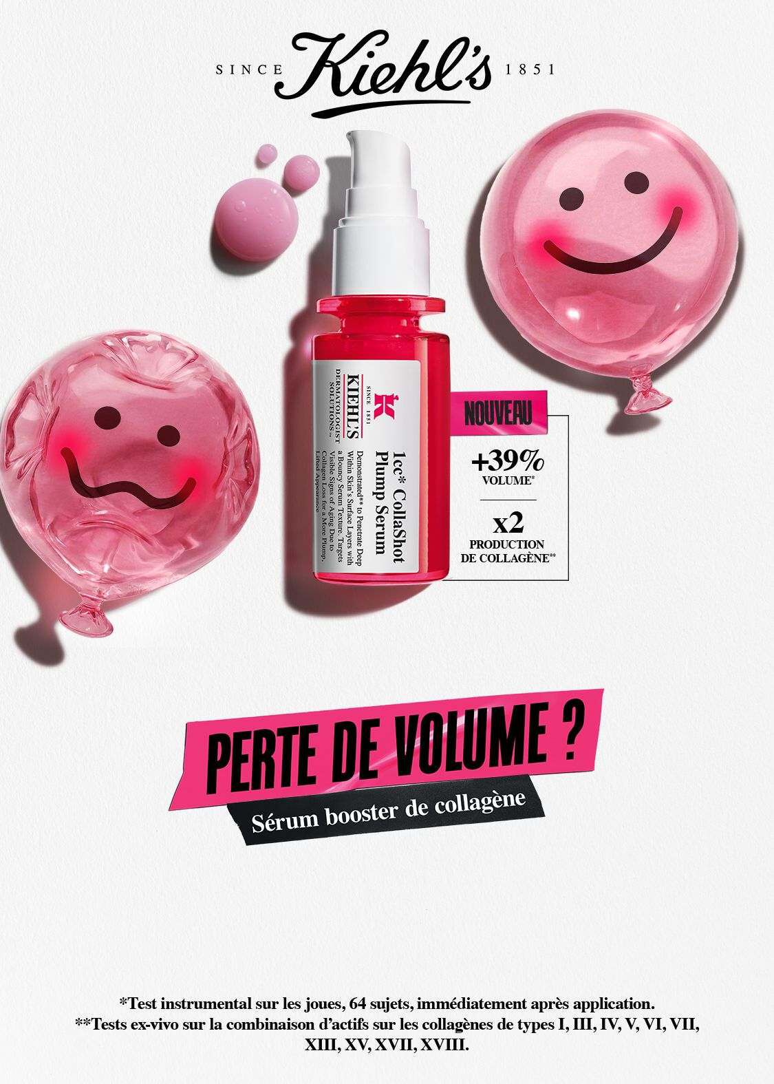 Kiehl's 1cc CollaShot Plump Serum – Nouveau serum booster de collagene contre la perte de volume, avec +39% de volume et x2 production de collagene, entoure de ballons roses souriants
