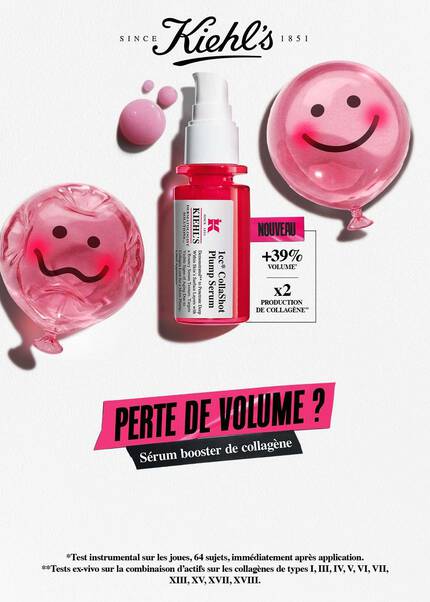 Kiehl's 1cc CollaShot Plump Serum – Nouveau serum booster de collagene contre la perte de volume, avec +39% de volume et x2 production de collagene, entoure de ballons roses souriants
