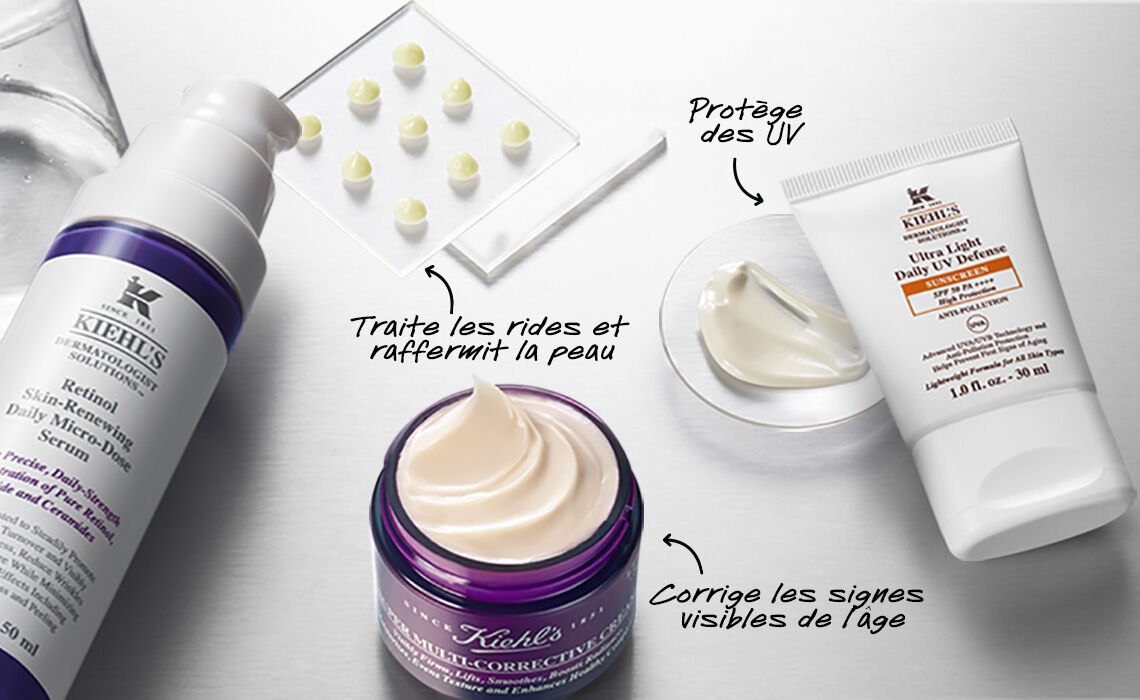 Image d'une presentation de produits de soin Kiehl's, incluant un serum, une creme anti-rides et une creme de protection solaire, avec des fleches indiquant leurs benefices : traitement des rides, raffermissement de la peau, protection contre les UV, et correction des signes de l'age.