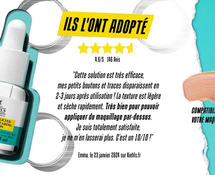 Flacon de serum avec une description et des avis clients, mentionnant son efficacite sur les boutons et traces visibles en 2-3 jours d'utilisation. Arriere-plan colore avec des elements graphiques.