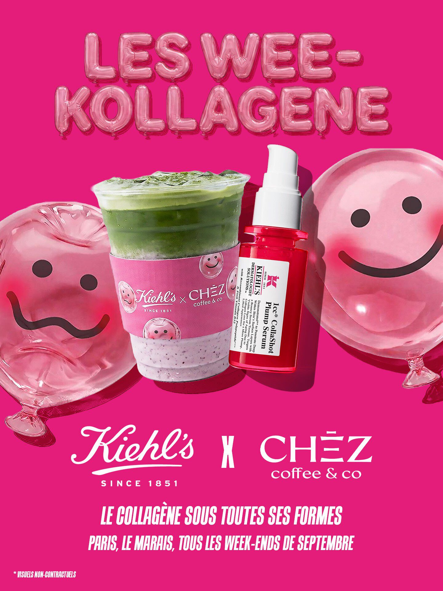 Des produits de soin disposes sur un fond en papier blanc texture. L'element principal est un flacon de serum pour le visage en verre translucide rose vif, dote d'une pompe blanche