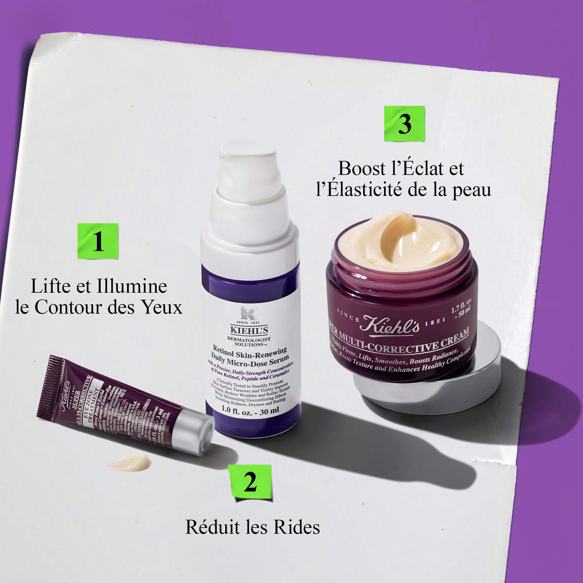 Kiehl's recommended anti-aging skincare with under-eye cream, retinol serum for wrinkles, and multi-corrective cream for radiance and elasticity.​