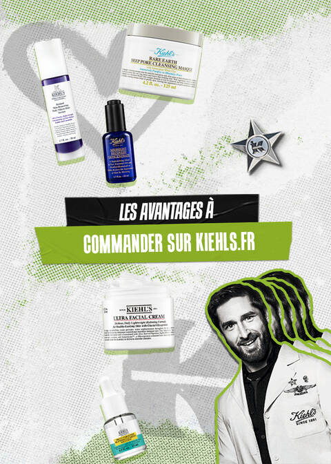 Des produits de soins de la peau presentes sur un fond vert et blanc, avec un texte incitant a commander sur le site.