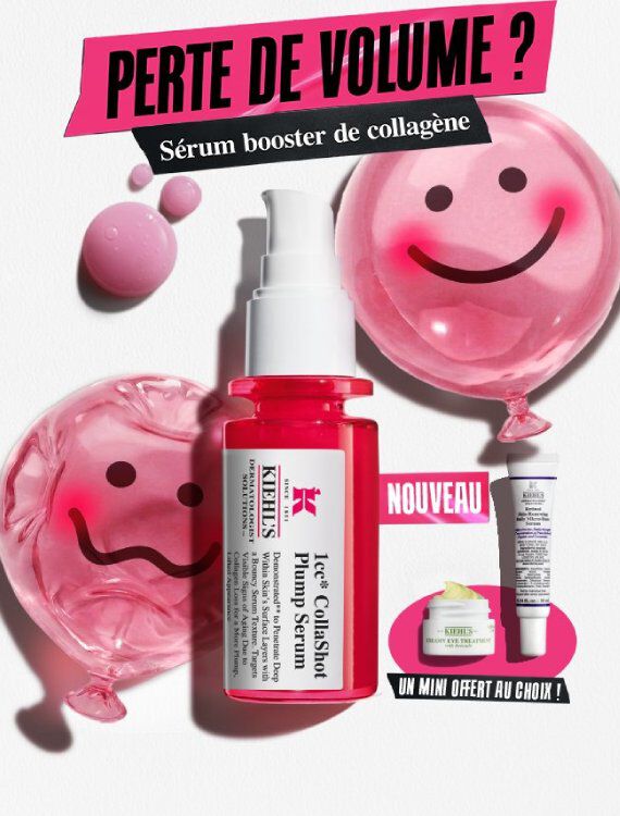 Des produits de soin disposes sur un fond en papier blanc texture. L'element principal est un flacon de serum pour le visage en verre translucide rose vif, dote d'une pompe blanche