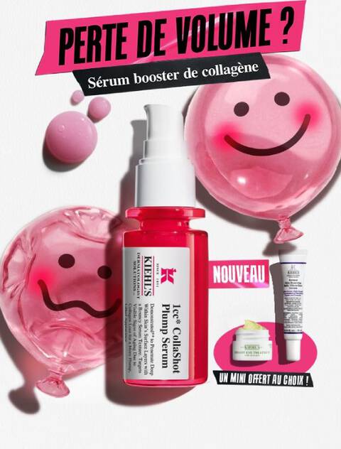 Des produits de soin disposes sur un fond en papier blanc texture. L'element principal est un flacon de serum pour le visage en verre translucide rose vif, dote d'une pompe blanche