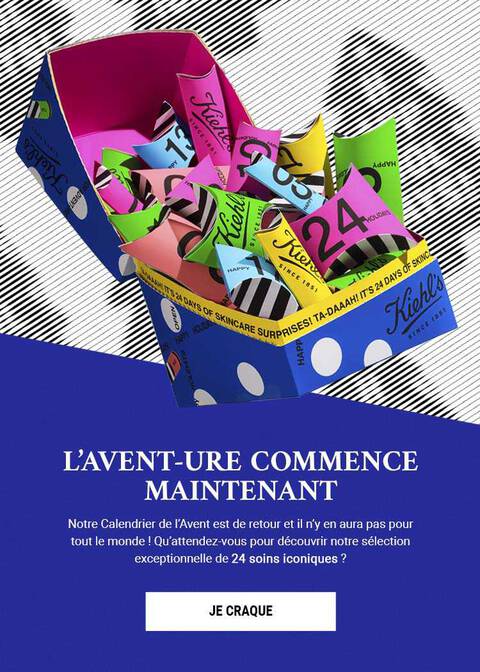 Une boite coloree debordant de produits cosmetiques, avec des emballages festifs et le texte "L'Avent-ure commence maintenant" en arriere-plan.