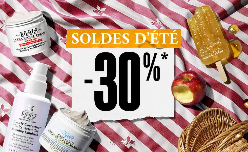 trois produits kiehl's, une pomme, une glace et un panier poses sur un tissu rouge avec le texte: Soldes d'ete -30%