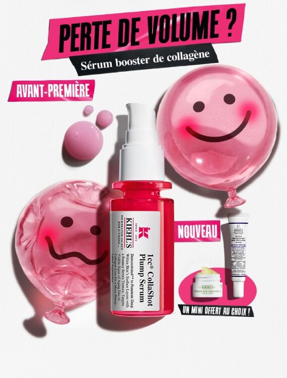 Des produits de soin disposes sur un fond en papier blanc texture. L'element principal est un flacon de serum pour le visage en verre translucide rose vif, dote d'une pompe blanche