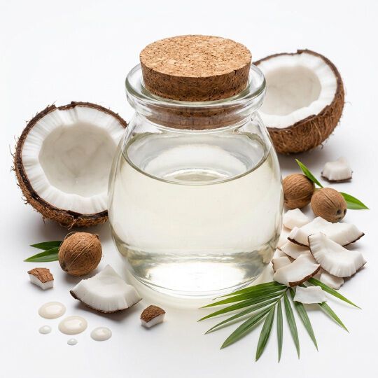 Coupelle en verre avec morceaux de noix de coco, illustrant un ingredient nourrissant et exotique.