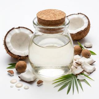 Coupelle en verre avec morceaux de noix de coco, illustrant un ingredient nourrissant et exotique.