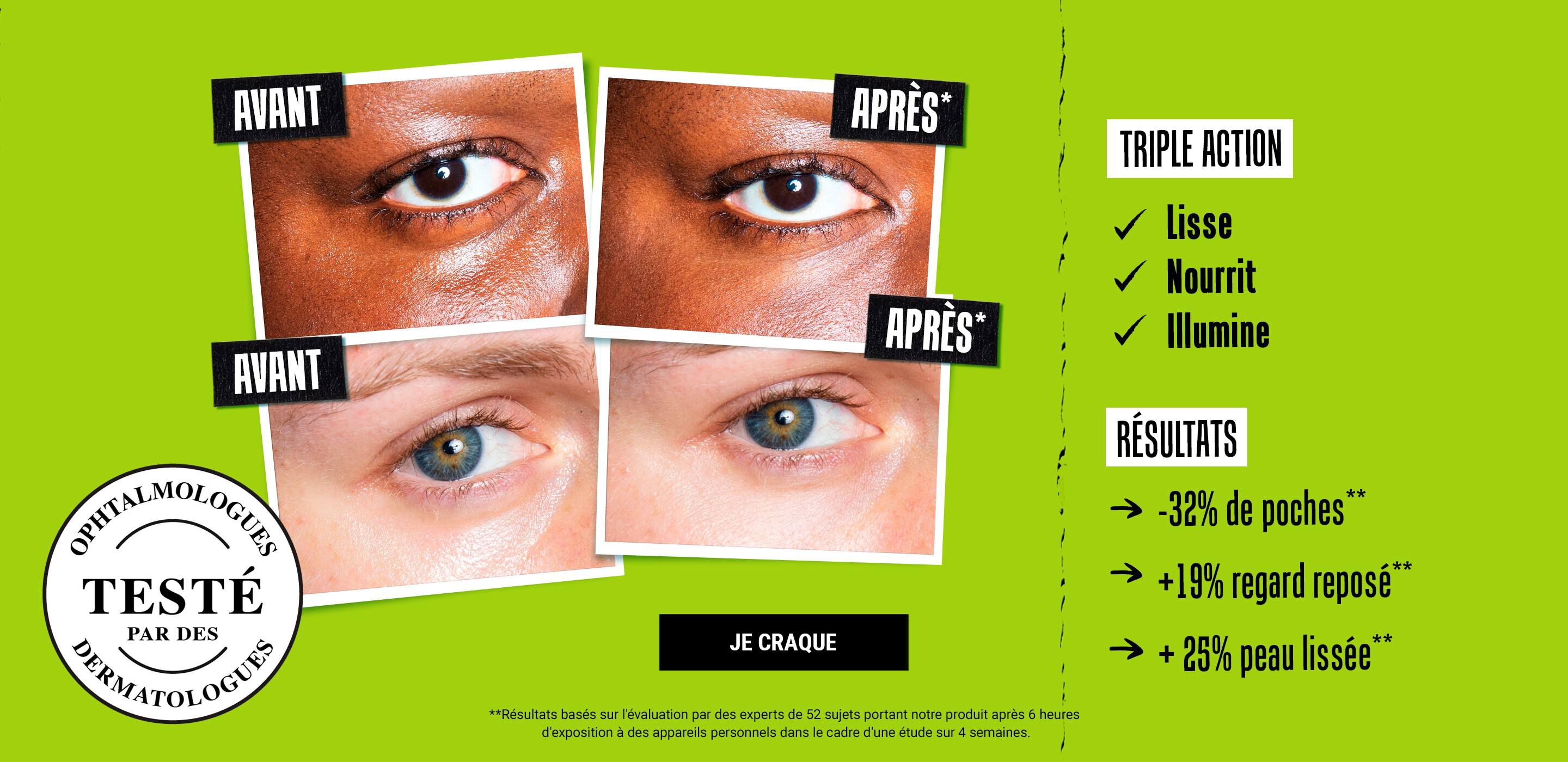 Quatre images comparatives montrant l'effet d'un produit sur les yeux, avec des zones indiquant "Avant" et "Apres". Le texte mentionne des resultats de reduction des poches et un regard repose, ainsi que des attestations de tests dermatologiques.
