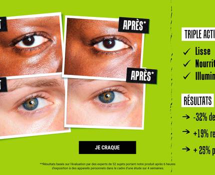 Quatre images comparatives montrant l'effet d'un produit sur les yeux, avec des zones indiquant "Avant" et "Apres". Le texte mentionne des resultats de reduction des poches et un regard repose, ainsi que des attestations de tests dermatologiques.