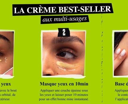 Texte alternatif : Image presentant un produit cosmetique avec trois etapes : 1) Application de la creme autour des yeux, 2) Masque pour les yeux a laisser 10 minutes, 3) Base de maquillage. Le fond est vert.