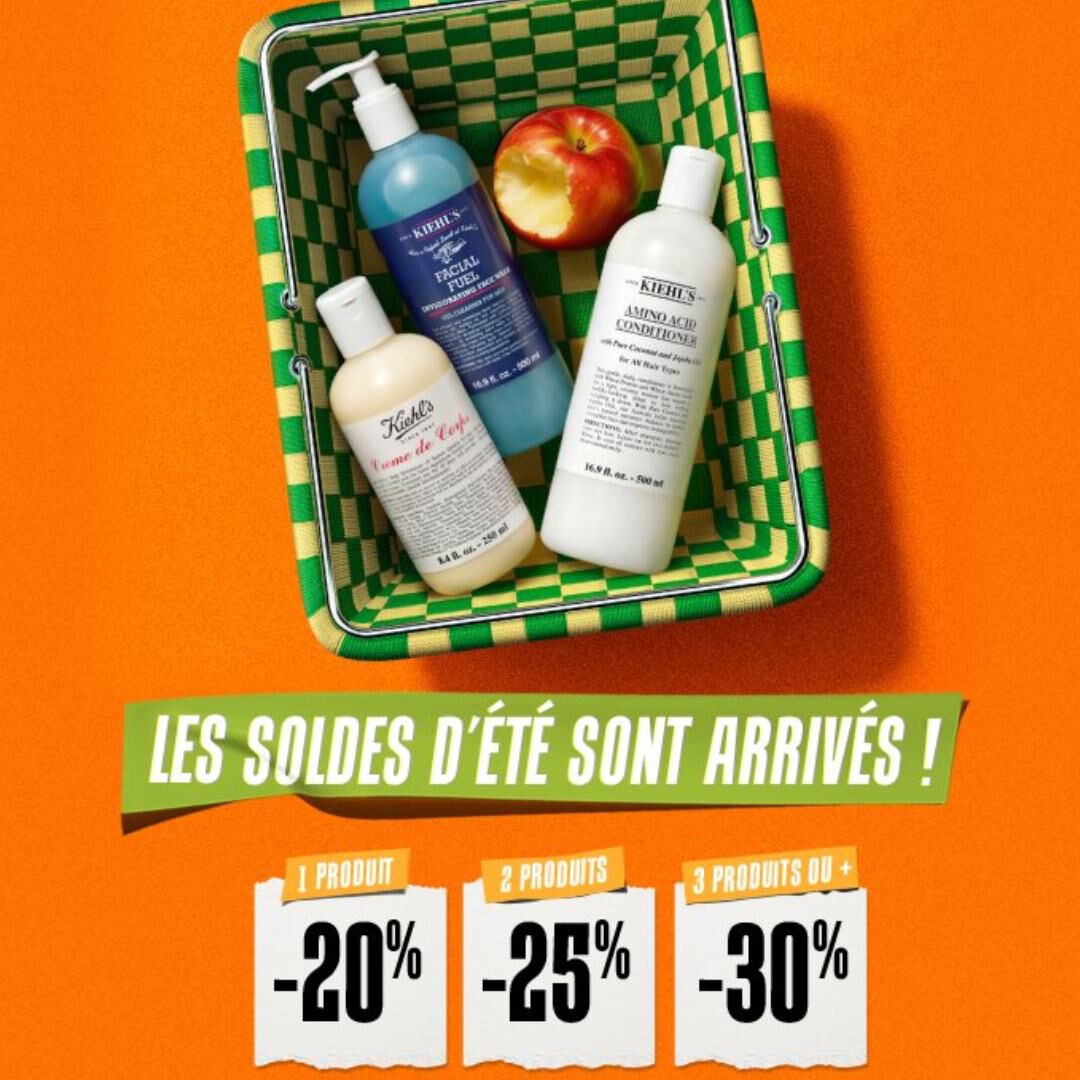 trois flacons de creme kiehl's avec une trousse noire sur un fond beige