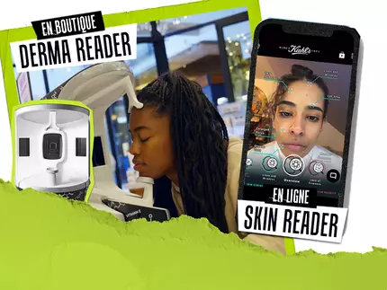 Deux personnes souriantes interagissent avec un appareil de technologie de soins de la peau, tandis qu'une autre personne apparait sur un telephone portable, affichant egalement un sourire.