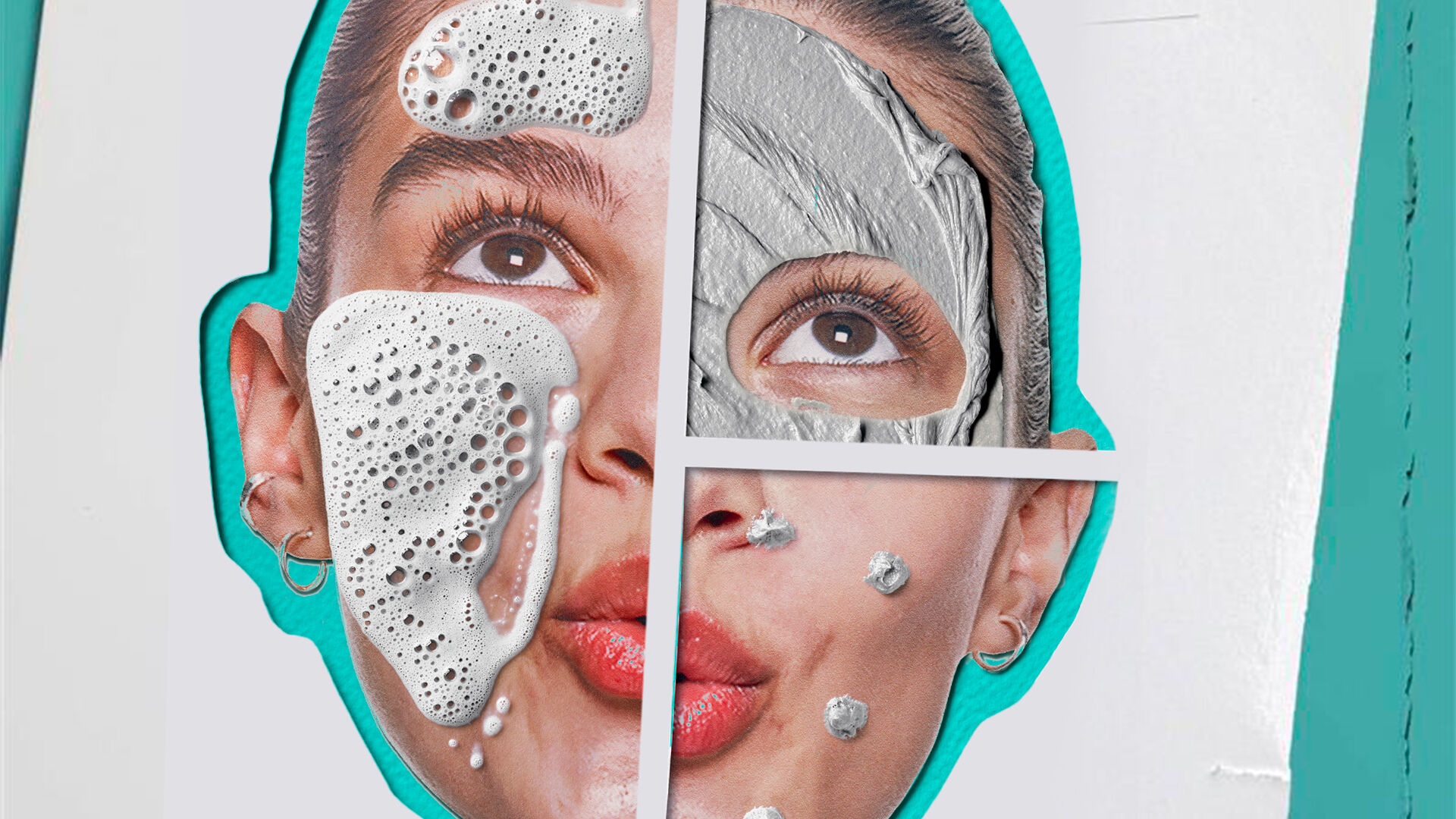 Visage d'une femme divise en quatre parties, montrant des applications de mousse nettoyante et de masque a l'argile.