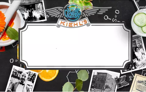Image coloree avec des vignettes en noir et blanc montrant des photos anciennes, des plantes, des fruits et des elements scientifiques, entourant un espace vide au centre, orne du logo Kiehl's.
