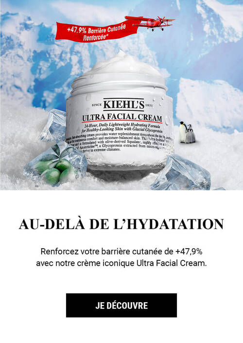 Creme hydratante Kiehl's Ultra Facial Cream sur un fond glace, presentant ses benefices d'hydratation renforcee.