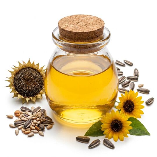 Coupelle en verre avec un tournesol jaune vif et ses petales, representant l’huile ou extrait de tournesol.