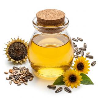 Coupelle en verre avec un tournesol jaune vif et ses petales, representant l’huile ou extrait de tournesol.