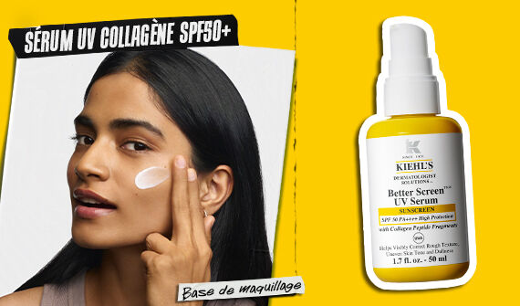 Visuel du serum solaire Kiehl’s Better Screen UV Serum Collagen SPF50+ avec peptides de collagene, presente comme base de maquillage, avec le flacon sur fond jaune a cote du visage d’un modele.
