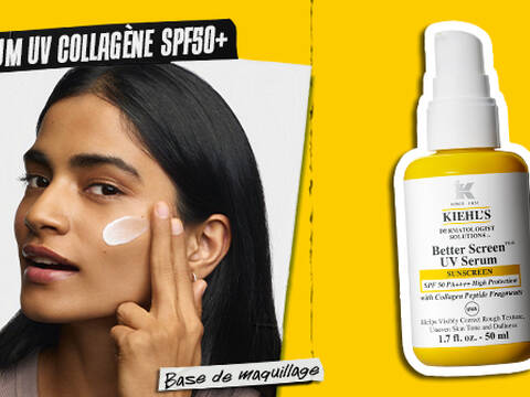 Visuel du serum solaire Kiehlâs Better Screen UV Serum Collagen SPF50+ avec peptides de collagene, presente comme base de maquillage, avec le flacon sur fond jaune a cote du visage dâun modele.