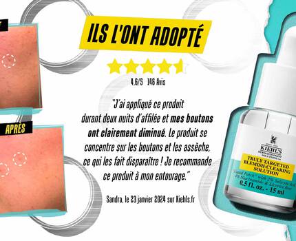 Avant et apres l'utilisation du produit de soin pour la peau de Kiehl's, avec temoignage sur l'efficacite contre les boutons.