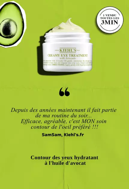 Un pot de creme pour les yeux a l'huile d'avocat avec un temoignage en surimpression, affirmant son efficacite et son agrement.