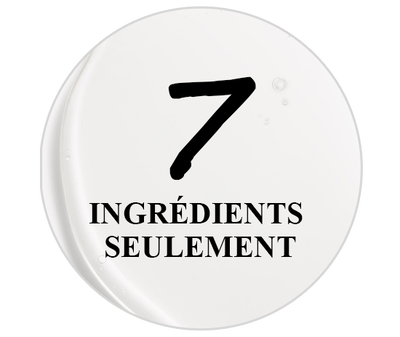 Texte alternatif : "Un cercle transparent avec un fond blanc, affichant le texte en noir : '7 INGREDIENTS SEULEMENT'."