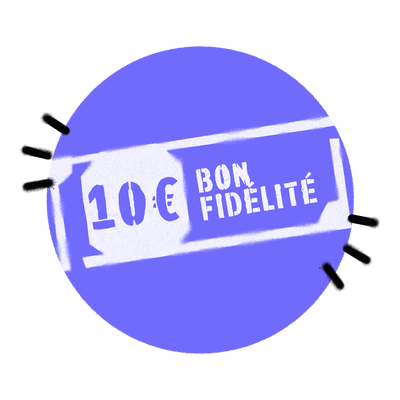 Ticket de fidelite blanc sur fond mauve avec l’inscription « 10€ BON FIDELITE ».