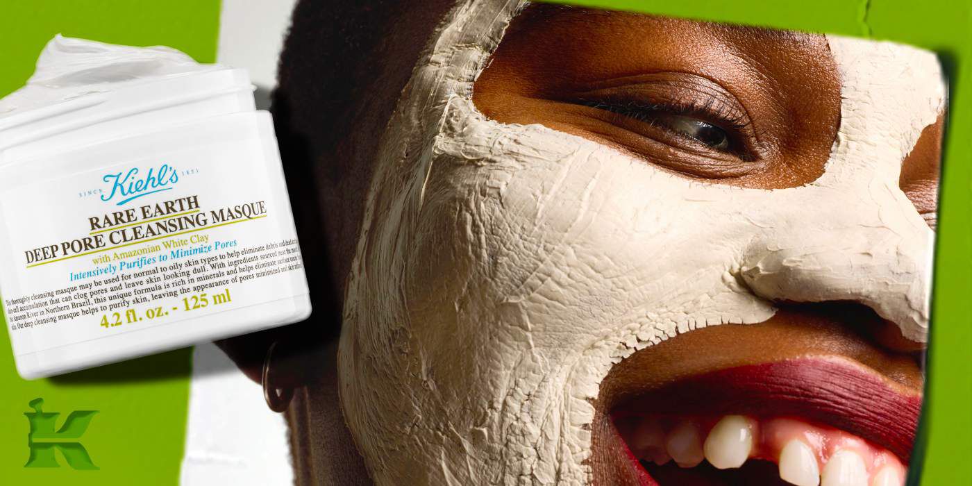 Visage avec 2 produits Kiehl's pour traiter les points noirs: Calendula Toner e Rare Earth Deep Pore Cleansing Mask