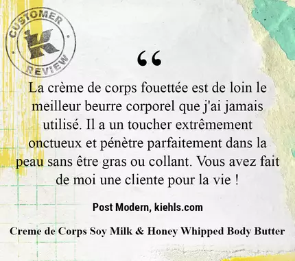 Alt text: A customer review praising the whipped Creme de Corps Soy Milk & Honey Whipped Body Butter for its luxurious feel and absorbency, expressing satisfaction and loyalty to the product.