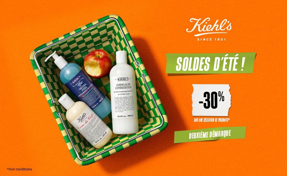 Kiehl's Soldes d'ete : -20% pour 1 produit, -25% pour 2 produits, -30% pour 3 produits ou plus sur une selection, avec Creme de Corps, Facial Fuel et Amino Acid Conditioner dans un panier
