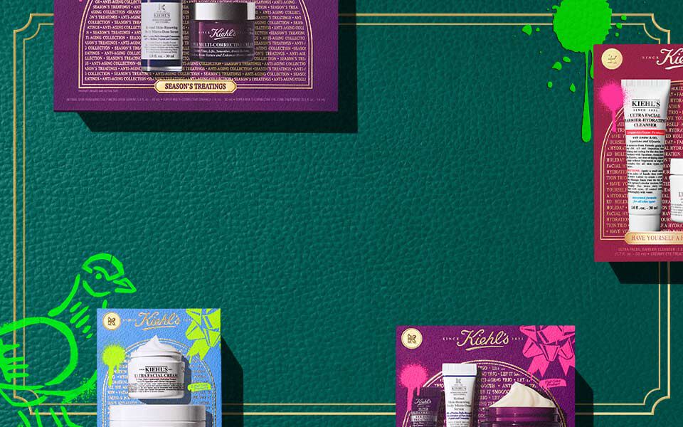 Image presentant divers produits de beaute de la marque Kiehl's, accompagnes d'un texte sur le theme des cadeaux pour les fetes de fin d'annee 2025, avec des elements graphiques colores.
