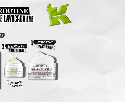 Alt text: Image presentant la routine de soins pour les yeux a l'avocat avec quatre etapes : nettoyer, tonifier, hydrater votre regard et hydrater votre visage, illustree avec des produits de Kiehl's.